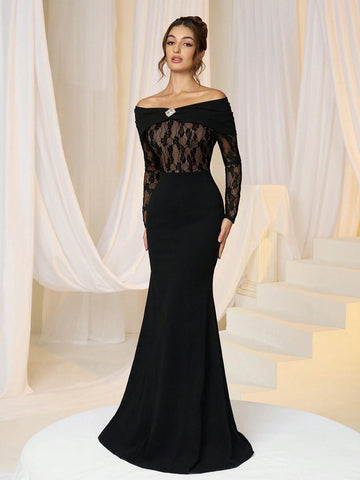Women Elegant Knit Black Lace Panel Waist Wrapped Off Shoulder Rhinestone Bodycon Evening Dress