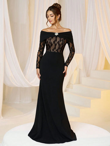Women Elegant Knit Black Lace Panel Waist Wrapped Off Shoulder Rhinestone Bodycon Evening Dress