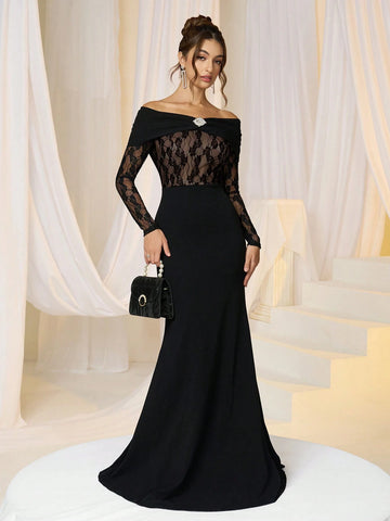 Women Elegant Knit Black Lace Panel Waist Wrapped Off Shoulder Rhinestone Bodycon Evening Dress