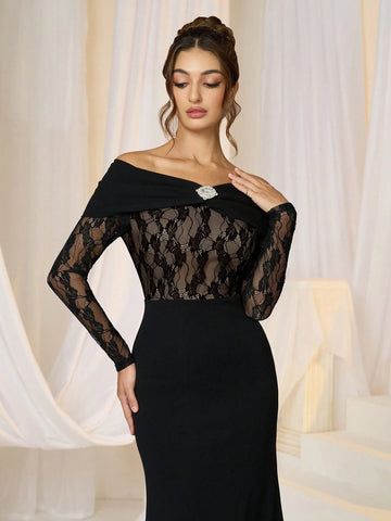 Women Elegant Knit Black Lace Panel Waist Wrapped Off Shoulder Rhinestone Bodycon Evening Dress