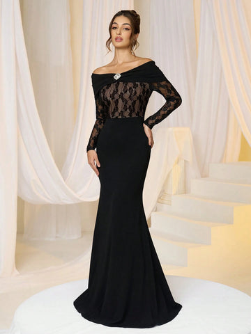 Women Elegant Knit Black Lace Panel Waist Wrapped Off Shoulder Rhinestone Bodycon Evening Dress
