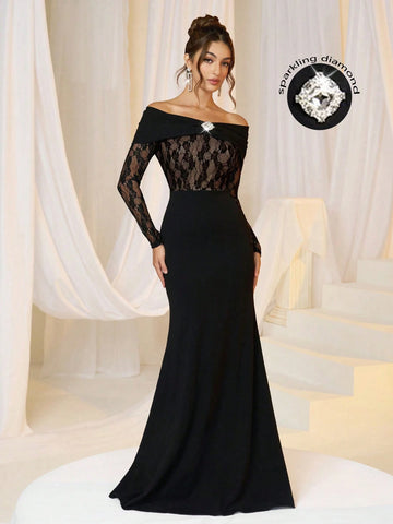 Women Elegant Knit Black Lace Panel Waist Wrapped Off Shoulder Rhinestone Bodycon Evening Dress