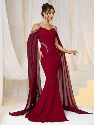 Women Elegant Knit Red Ruched Waist Bubble Beaded Bodycon Formal Evening Dress