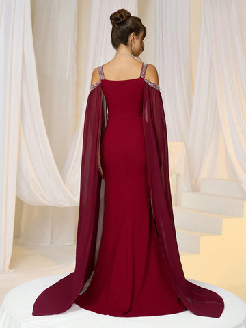 Women Elegant Knit Red Ruched Waist Bubble Beaded Bodycon Formal Evening Dress