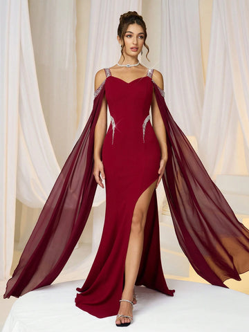 Women Elegant Knit Red Ruched Waist Bubble Beaded Bodycon Formal Evening Dress