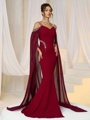 Women Elegant Knit Red Ruched Waist Bubble Beaded Bodycon Formal Evening Dress