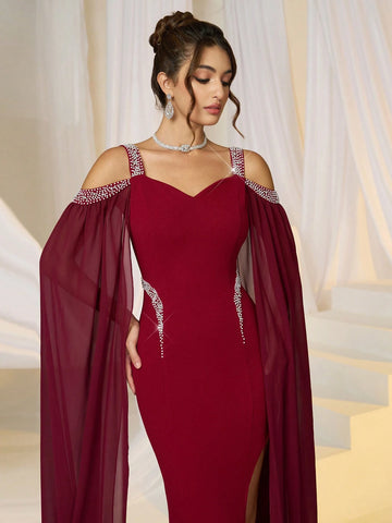 Women Elegant Knit Red Ruched Waist Bubble Beaded Bodycon Formal Evening Dress