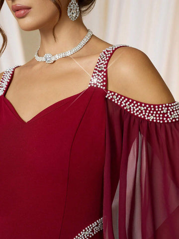 Women Elegant Knit Red Ruched Waist Bubble Beaded Bodycon Formal Evening Dress