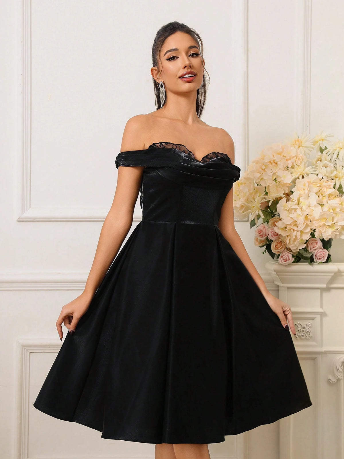 Women Elegant One Shoulder Lace Splice Pleated Hem Beaded A-Line Party Dress