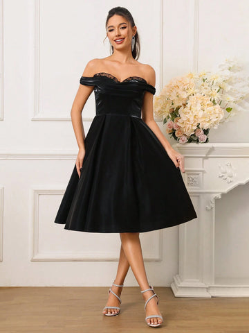 Women Elegant One Shoulder Lace Splice Pleated Hem Beaded A-Line Party Dress