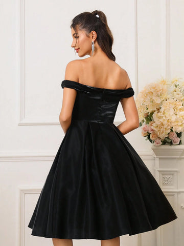 Women Elegant One Shoulder Lace Splice Pleated Hem Beaded A-Line Party Dress