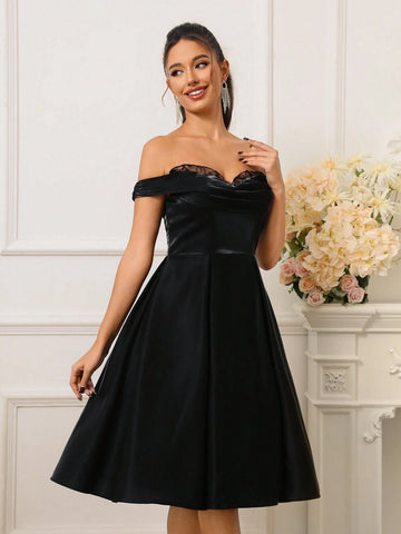 Women Elegant One Shoulder Lace Splice Pleated Hem Beaded A-Line Party Dress