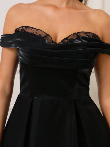 Women Elegant One Shoulder Lace Splice Pleated Hem Beaded A-Line Party Dress