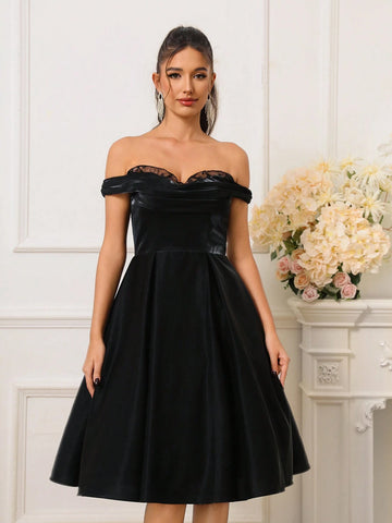 Women Elegant One Shoulder Lace Splice Pleated Hem Beaded A-Line Party Dress