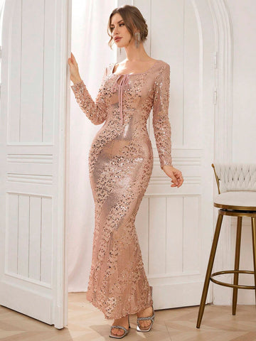 Women Elegant Sequin Twist Collar Form-Fitting Long Sleeve Formal Gown