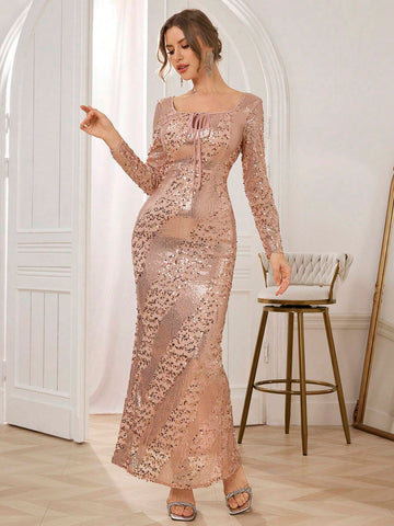 Women Elegant Sequin Twist Collar Form-Fitting Long Sleeve Formal Gown