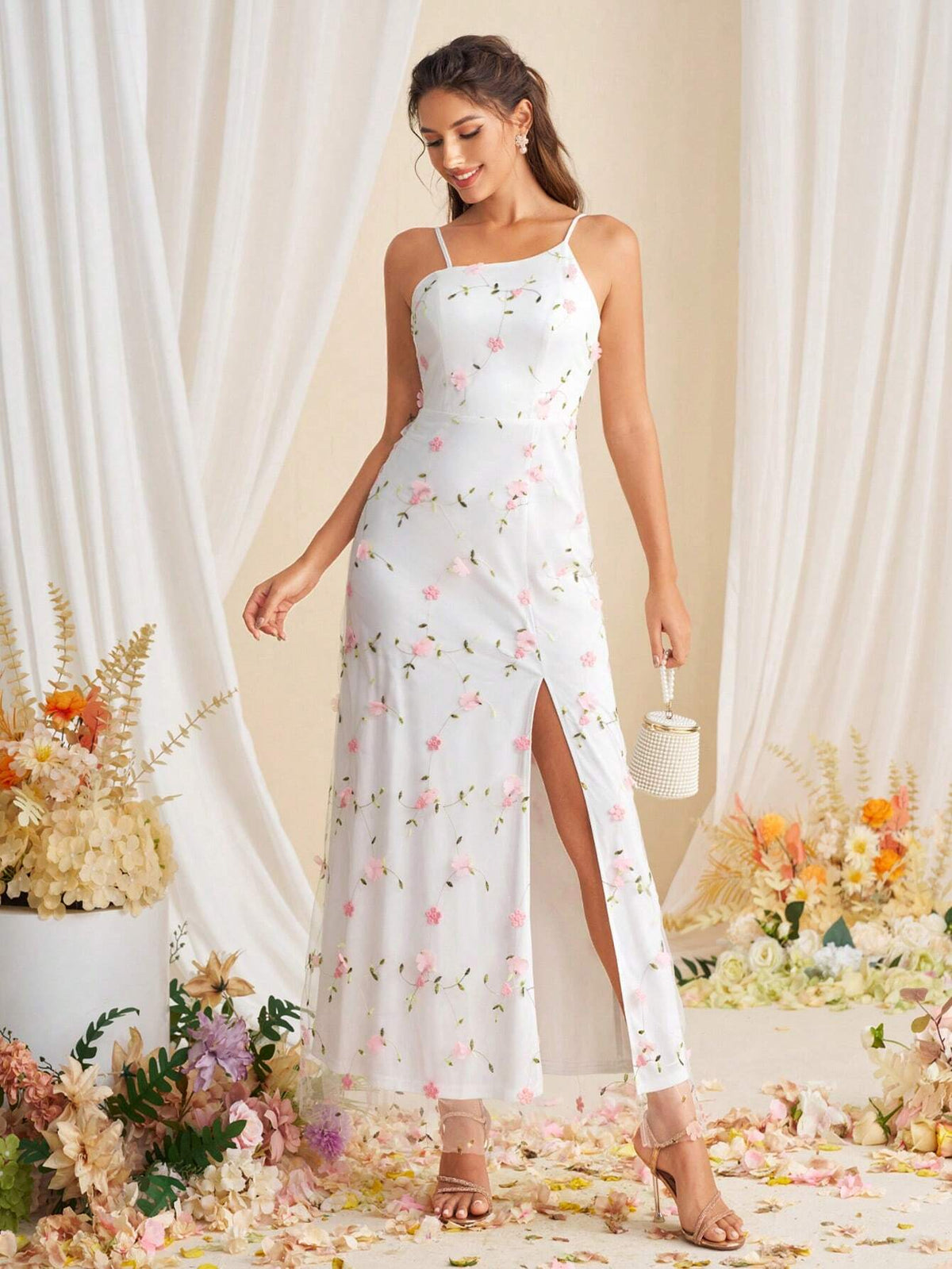 Romantic Embroidered Wedding Dress With Deep V-Neck And Tied Waist For Women
