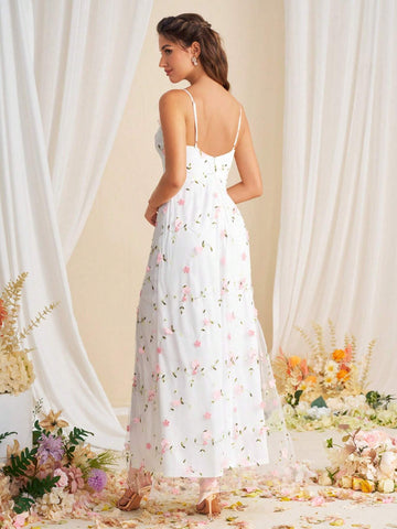 Romantic Embroidered Wedding Dress With Deep V-Neck And Tied Waist For Women