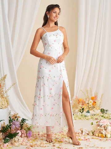 Romantic Embroidered Wedding Dress With Deep V-Neck And Tied Waist For Women
