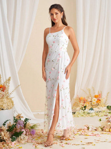 Romantic Embroidered Wedding Dress With Deep V-Neck And Tied Waist For Women