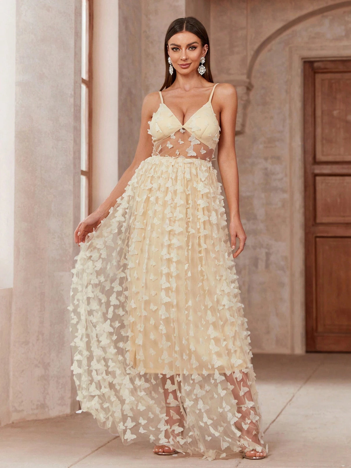 Women Fashion Butterfly Decorated Evening Party Strappy Dress