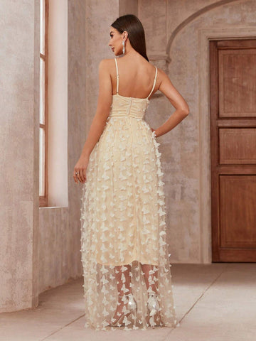 Women Fashion Butterfly Decorated Evening Party Strappy Dress