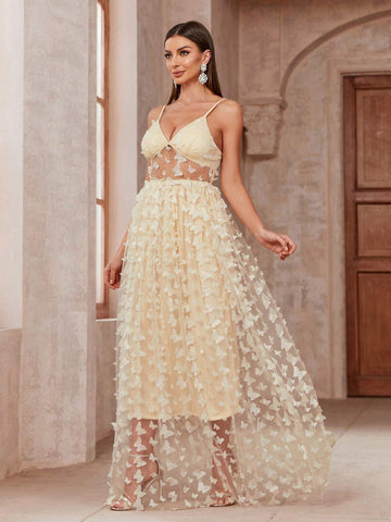 Women Fashion Butterfly Decorated Evening Party Strappy Dress