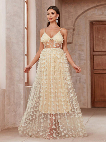 Women Fashion Butterfly Decorated Evening Party Strappy Dress