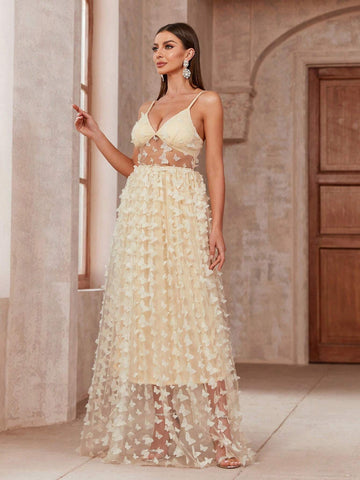 Women Fashion Butterfly Decorated Evening Party Strappy Dress