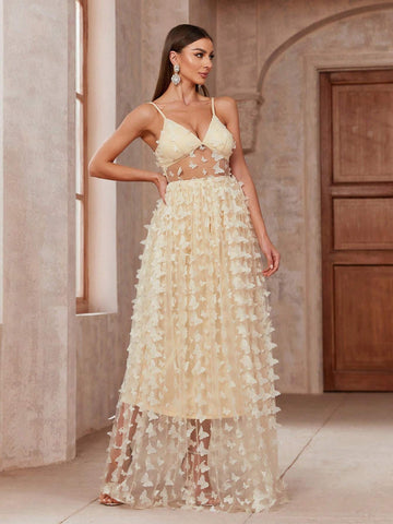 Women Fashion Butterfly Decorated Evening Party Strappy Dress