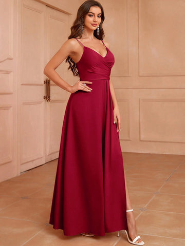 Women Fashion Summer V-Neck Pleated Slit Bridesmaid Dress (Adult)