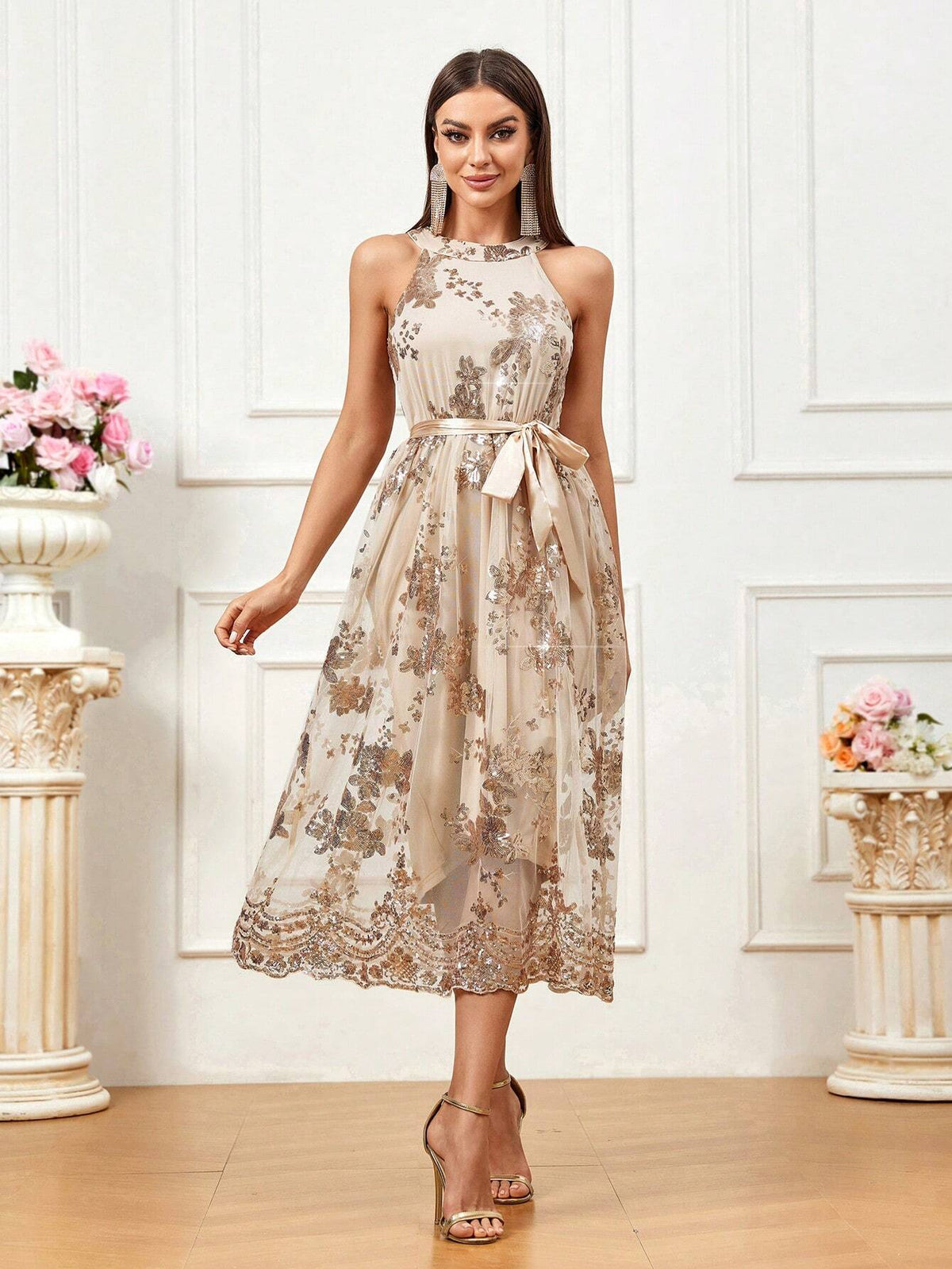 Women Glitter Decorated Off-Shoulder Waist Belt Evening Dress