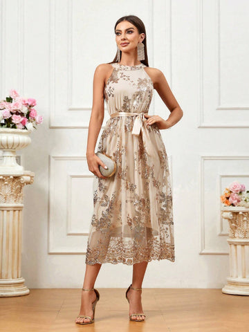 Women Glitter Decorated Off-Shoulder Waist Belt Evening Dress