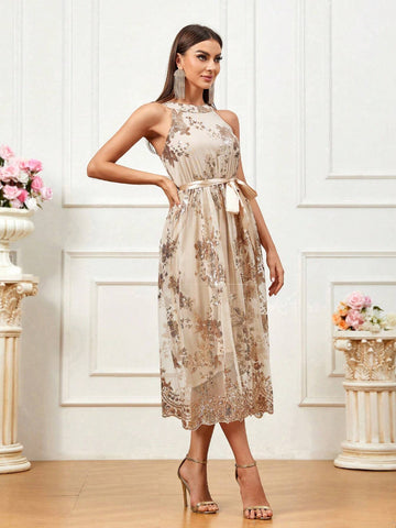 Women Glitter Decorated Off-Shoulder Waist Belt Evening Dress