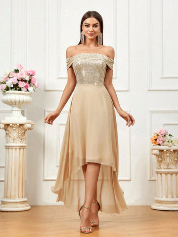 Women Glittering Off Shoulder Dress With Asymmetrical Hem For Evening Party
