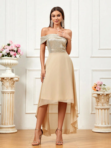 Women Glittering Off Shoulder Dress With Asymmetrical Hem For Evening Party