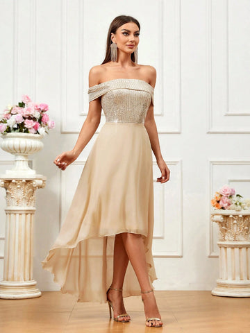 Women Glittering Off Shoulder Dress With Asymmetrical Hem For Evening Party