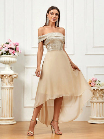 Women Glittering Off Shoulder Dress With Asymmetrical Hem For Evening Party