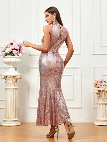 Women Glittering Waist-Cinched Mermaid Halter Evening Dress