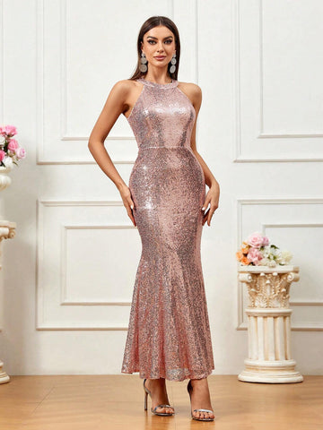 Women Glittering Waist-Cinched Mermaid Halter Evening Dress