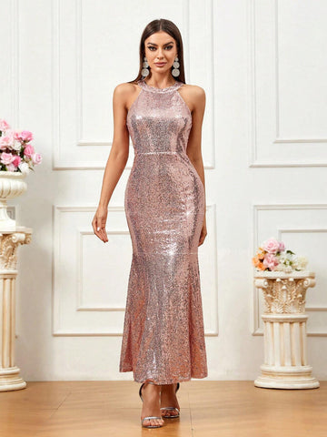 Women Glittering Waist-Cinched Mermaid Halter Evening Dress