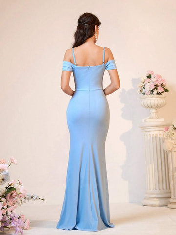 Women Light Elegant Blue Satin Off-Shoulder Ruched Hanging Sleeve Suspenders Formal Bridesmaid Dress