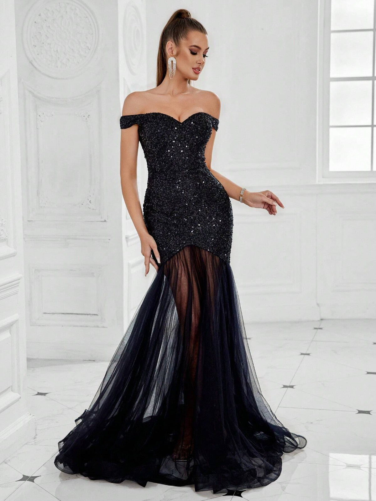 Women Off Shoulder Beaded Mesh Splice Evening Dress