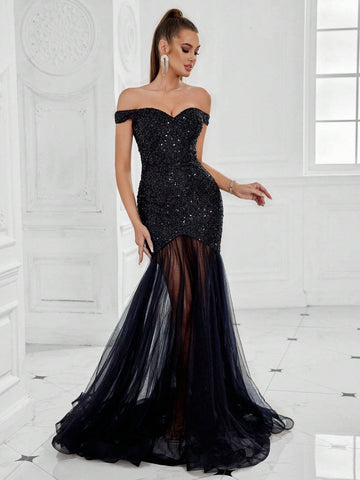 Women Off Shoulder Beaded Mesh Splice Evening Dress