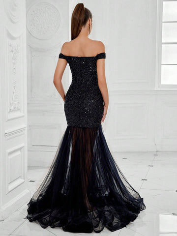 Women Off Shoulder Beaded Mesh Splice Evening Dress
