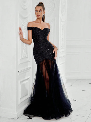 Women Off Shoulder Beaded Mesh Splice Evening Dress