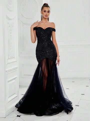 Women Off Shoulder Beaded Mesh Splice Evening Dress
