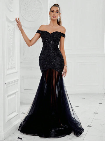 Women Off Shoulder Beaded Mesh Splice Evening Dress