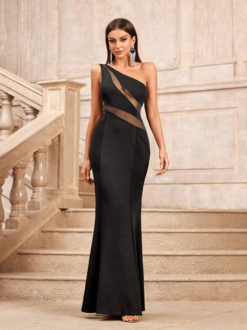 Women One Shoulder Sleeveless Mesh Splice Mermaid Hem Long Formal Evening Dress
