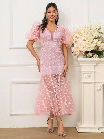 Women Pink Short Bubble Sleeves 3D Butterfly Open Back Elegant Mermaid Cocktail Party Dress